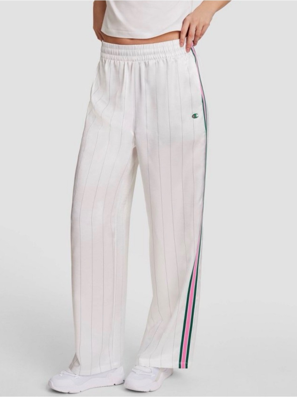Champion White Wide-Leg Track Pants with Green & Pink Side Stripes